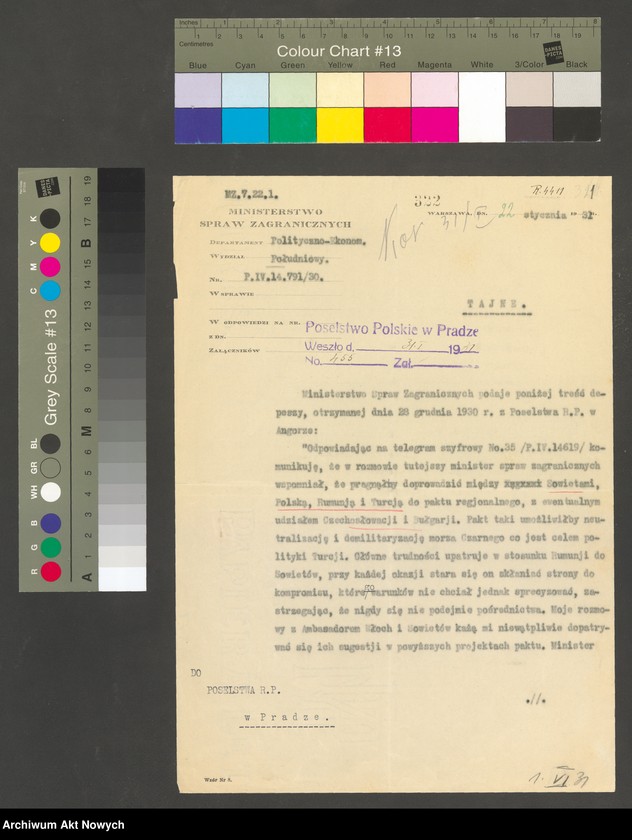 image.from.unit "Turcja: Stosunki polityczne z zagranicą . Turecka koncepcja regionalnego paktu pomiędzy Związkiem Radzieckim, Polską, Rumunią i Turcją (pismo MSZ)"