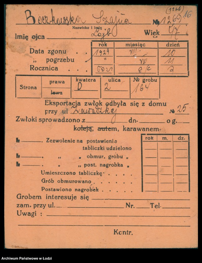 Obraz 18 z jednostki "Kartoteka osób pochowanych na cmentarzu żydowskim przy ulicy Brackiej w latach 1892-1956. Nazwiska na litery: Bock-Bö"