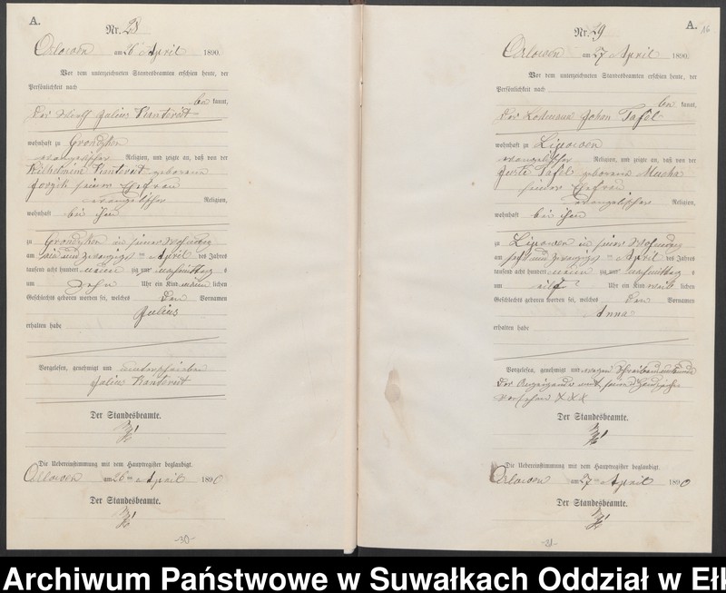 image.from.unit.number "Geburts-Neben-Register des Preussischen Standes-Amtes Orlowen Kreis Loetzen für das Jahr 1890"
