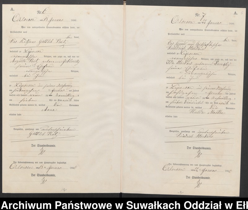 image.from.unit.number "Geburts-Neben-Register des Preussischen Standes-Amtes Orlowen Kreis Loetzen für das Jahr 1890"