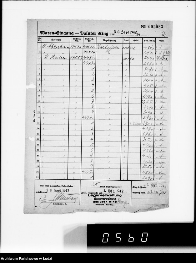 Obraz 6 z jednostki "[Dzienne zestawienia produktów żywnościowych i innych dostarczanych do składów Getta na Bałuckim Rynku]"