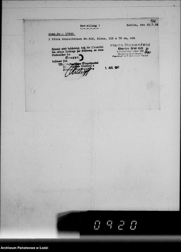 Obraz 18 z jednostki "Korrespondenz Firma Hans Rosenfeld-Büromebel mit Getto-Verwaltung betr.Büromebel"