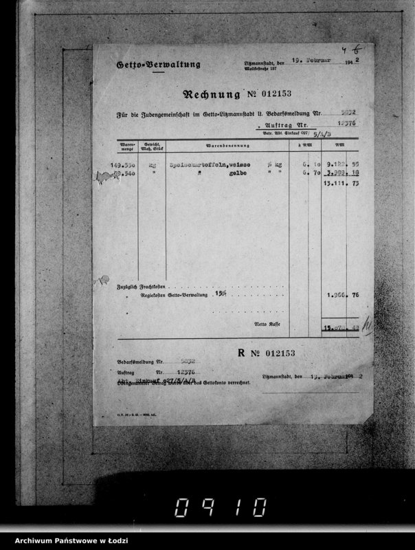 Obraz 8 z jednostki "Aufträge [Lieferscheinen und Rechnungen] 12321-12376 Lebensmitteleinkauf 5/Mü [Dostawa żywności dla Getta i dla obozu cygańskiego]"