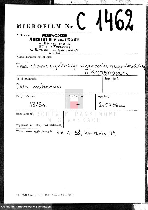 image.from.unit.number "Akta Gminy Krasnopolskiey Pttu Seyn. Depptu Łomżyńskiego 1815. Małżeństwa."