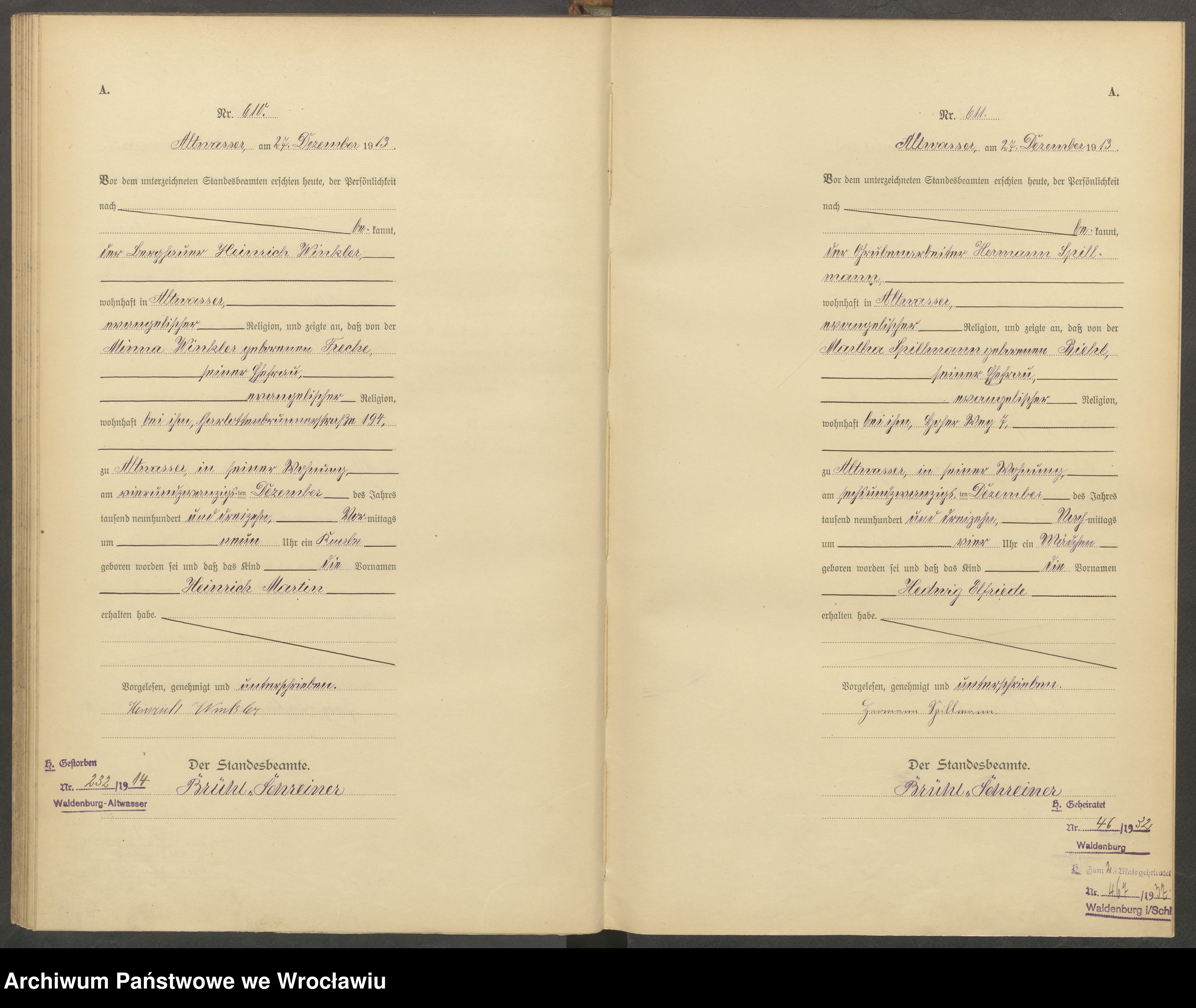 Skan z jednostki: Geburts-Haupt-Register Altwasser (Stary Zdrój) 1913 t. 2