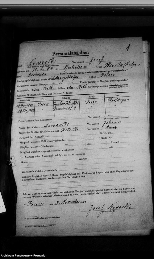 Obraz 5 z jednostki "Personalakten des wissenschaftlichen Angestellten Dr. Josef Nowacki, auch Kaletka, Siuchniński, Rzyski, Wojciechowski und Spychalski"