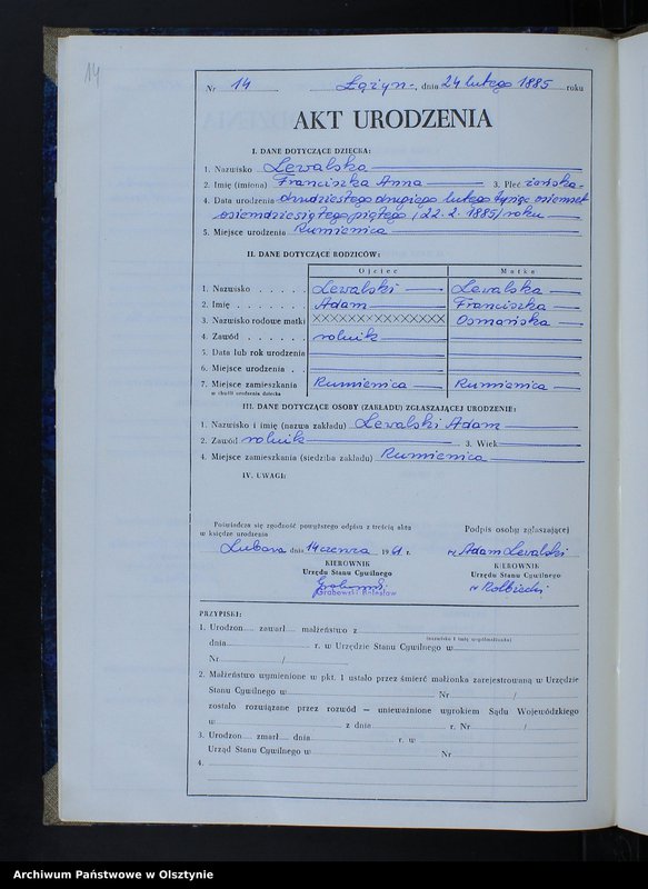 Obraz 16 z jednostki "Ksiega urodzeń Nr 1 - 90 /przepisana w języku polskim z oryginału niemieckiego w dniach 2.06.-16.06.1961/"