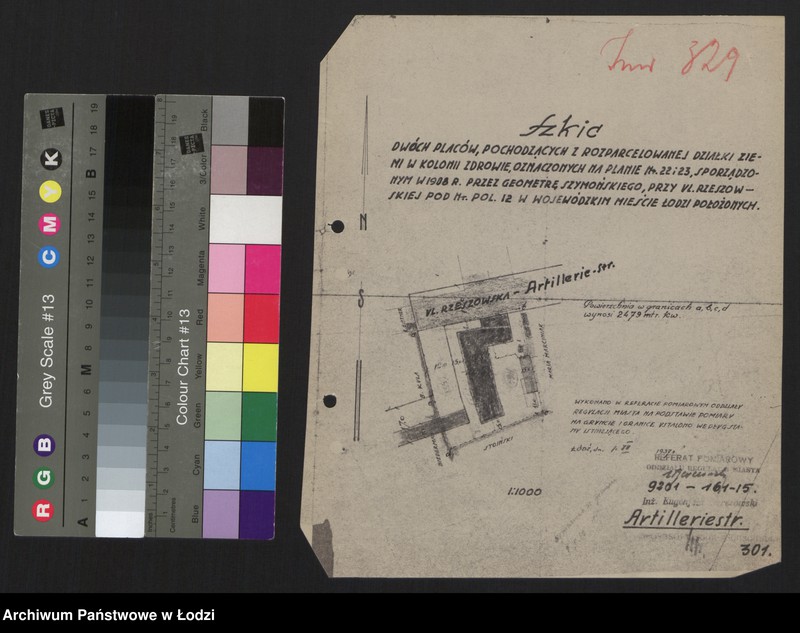 Obraz 1 z jednostki "Szkic dwóch placów pochodzących z rozparcelowanej działki ziemi w kolonii Zdrowie, oznaczonych na planie nr. 22 i 23, sporządzonym w 1908 roku przez geometrę Szymońskiego, przy ulicy Rzeszowskiej pod Numerem Policyjnym 12 w wojewódzkim mieście Łodzi położonych"