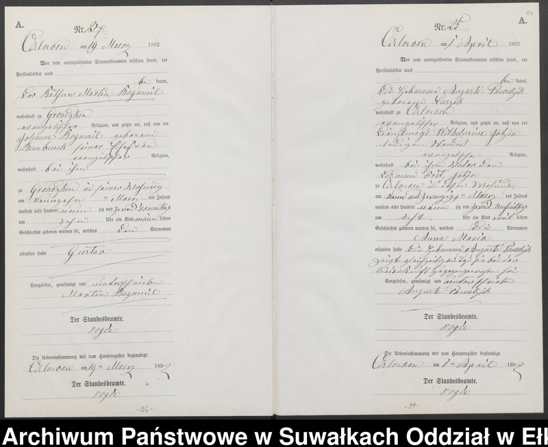 image.from.unit.number "Geburts-Neben-Register des Preussischen Standes-Amtes Orlowen Kreis Loetzen für das Jahr 1892"
