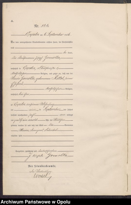 Obraz 12 z jednostki "Urząd Stanu Cywilnego w Opolu 1906 Rejestr Urodzeń miejscowa Nr 838 do 1264"