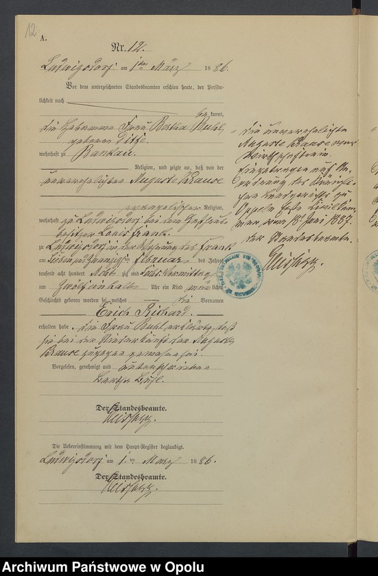 image.from.unit.number "Geburts-Neben-Register Standesamts Ludwigsdorf pro 1886"