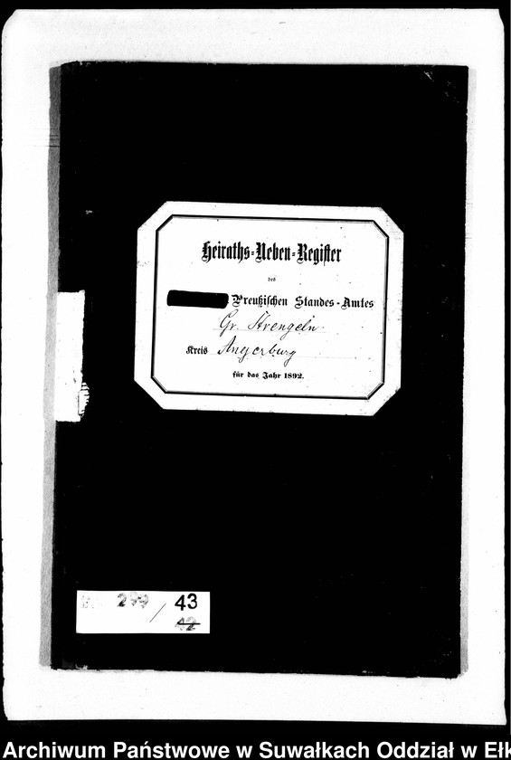 image.from.unit.number "Heiraths-Neben-Register des Preussischen Standes-Amtes Gr. Strengeln Kreis Angerburg"