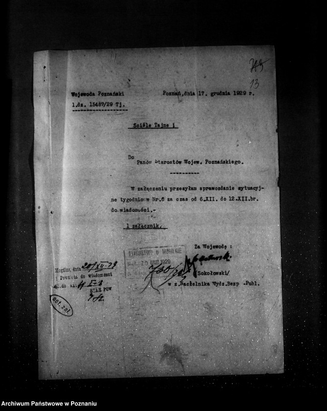 Obraz 17 z jednostki "Sprawozdania sytuacyjne tygodniowe za czas od 29 listopada 1929 r. do dnia 2 stycznia 1930 r. /nr 5-9/ działy VII-XIII"