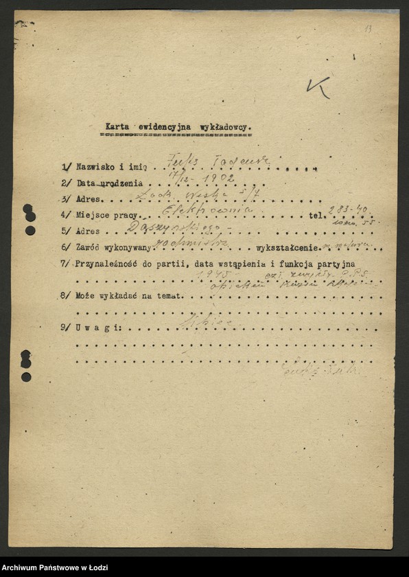 Obraz 14 z jednostki "Karty ewidencyjne wykładowców szkoły partyjnej /A-Z/"