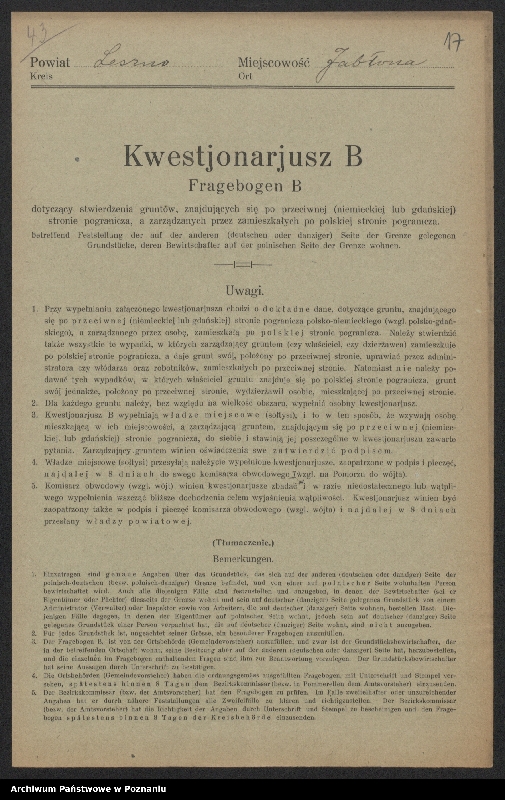 Obraz 15 z jednostki "[Kwestionariusze dotyczące stwierdzenia gruntów znajdujących się po niemieckiej stronie pogranicza a zarządzanych przez zamieszkałych po stronie polskiej] powiat leszczyński"