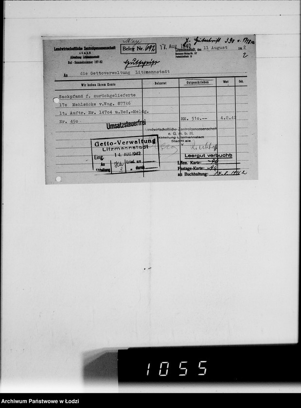 Obraz 6 z jednostki "Landwirtschaft-Zentralgenossenschaft.G.m.b.H.Rechnungen. [za dostawy towarów dla Getta]"