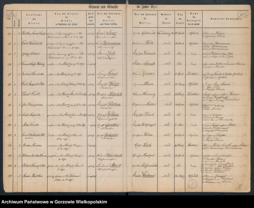 image.from.unit.number "Duplikate der Hauptkirche zu Landsberg an der Warthe (zawiera także Concordien, Reformirte und Militair Kirchen Gemeinde dotyczące zgonów w 1873 r.)"