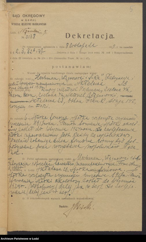 Obraz 7 z jednostki "Samuel Hochman, Samuel Węgrowski i S-ka- prowadzenie fabryki i sprzedaż towarów manufakturowych"