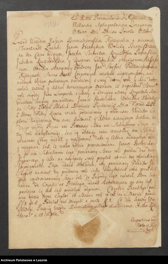 Obraz 3 z jednostki "Zaprzedanie Sznuru roli przez Jana Seyferta, Przedmieszczanina, pracowitemu Janowi Herbrichowi Wolnikowi Kłodzkiemy"