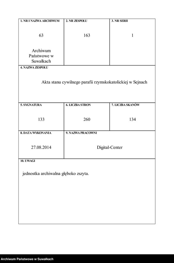 image.from.unit.number "[Księga akt urodzeń, małżeństw i zgonów parafii rzymskokatolickiej w Sejnach]"