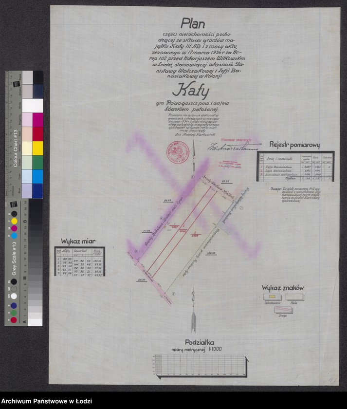 Obraz 1 z jednostki "Plan części nieruchomości pochodzącej ze składu gruntów majątku Kały litery AB i z mocy aktu zeznanego 17 marca 1934 roku za numerem repertorium 102 przed notariuszem Witkowskim w Łodzi, stanowiącej własność Stanisławy Walczakowej i Zofii Banasiakowej w kolonii Kały gminy Radogoszcz w powiecie i województwie łódzkiem położonej"