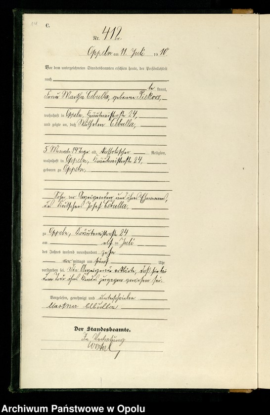 Obraz 17 z jednostki "Urząd stanu Cywilnego w Opolu 1910 Rejestr Zgonów Księga Miejscowa Nr 400 do 769"