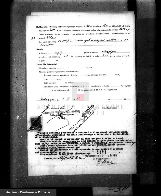 Obraz 15 z jednostki "Cukrownia w Witaszycach pow. jarociński kocioł nr fabr. 547 kocioł nr woj. 3818"