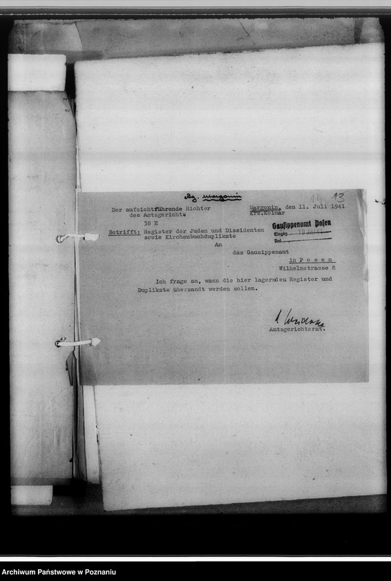 Obraz 18 z jednostki "Schriftwechsel mit den Amtsgerichten [korespondencja w sprawie ksiąg kościelnych, nazwy powiatów od M - Z]"