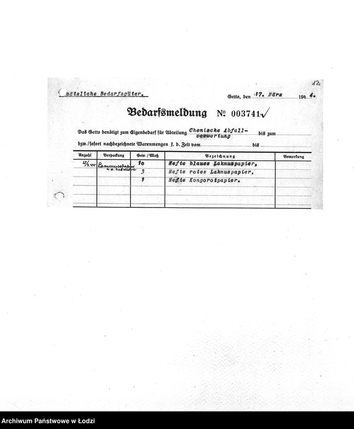 Obraz 15 z jednostki "Bedarfsmeldungen [Skierowane do GV zapotrzebowania na surowce, materiały, narzędzia, maszyny itp. potrzebne resortom pracy do produkcji; zamówienia żywności, lekarstw]"