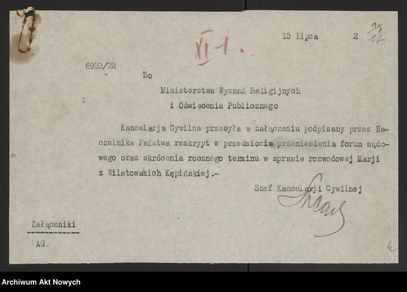 image.from.unit.number "Przeniesienie forum sądowego spraw rozwodowych do Sądów Konsystorskich Ewangelicko - Augsburskiego i Ewangelicko - Reformowanego oraz skrócenie rocznego terminu zapozwu w sprawach rozwodowych, rozpatrywanych przed najwyższymi sądami. Reskrypty Naczelnika Państwa, wnioski, korespondencja z Min. Wyznań Religijnych i Oświecenia Publicznego"