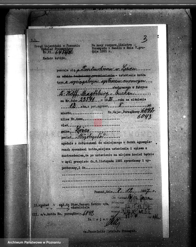 image.from.unit.number "Młyn parowy w Łężcu, pow. międzychodzki własność St. Drozdowski nr woj. kotła 6043"