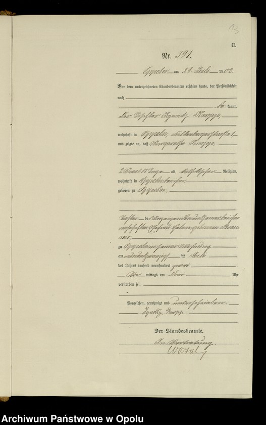 Obraz 16 z jednostki "Urząd Stanu Cywilnego w Opolu 1902 Rejestr zgonów Księga Miejscowa Nr 378 do 633"