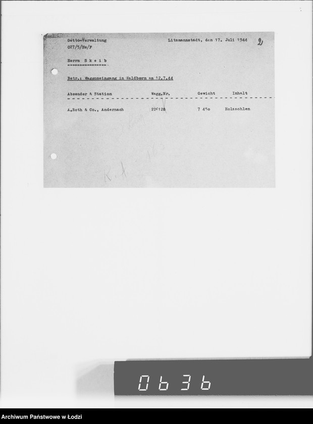 Obraz 7 z jednostki "Koresp.Radegast.[Dotyczy transportu starego obuwia oraz spodów do drewniaków]"