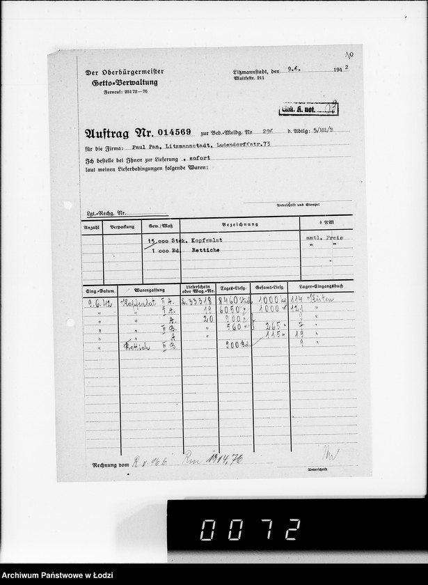 Obraz 14 z jednostki "Aufträge, Lieferscheinen und Rechnungen 14501-14570. [Zlecenia na produkty dla Getta. Rachunki, kwity przewozowe, korespondencja]"