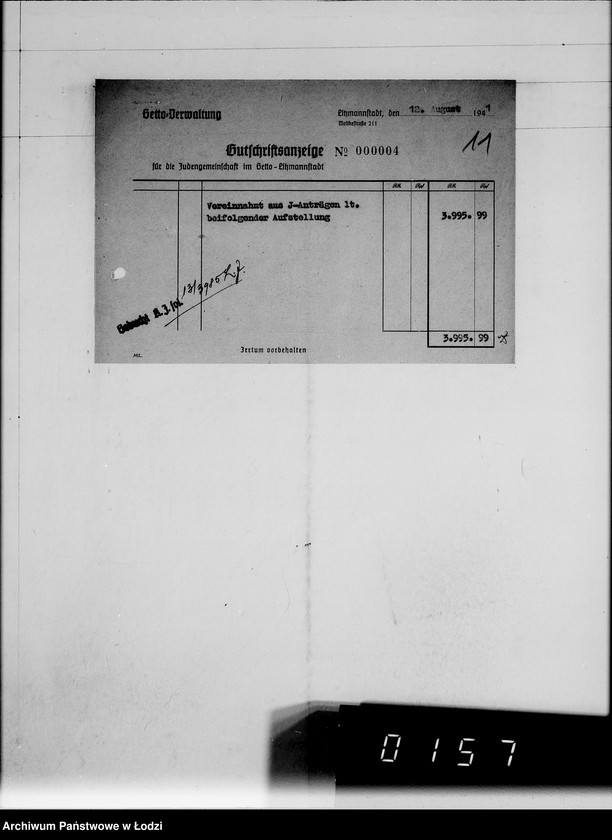 Obraz 15 z jednostki "Gutschriftsanzeigen für die Judengemeinschaft im Getto Litzmannstadt Nr 000001"
