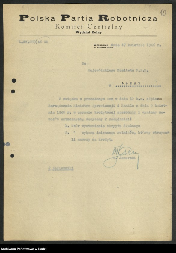 Obraz 11 z jednostki "Korespondencja [Wydziału z Wydziałem Rolnym] Komitetu Centralnego"