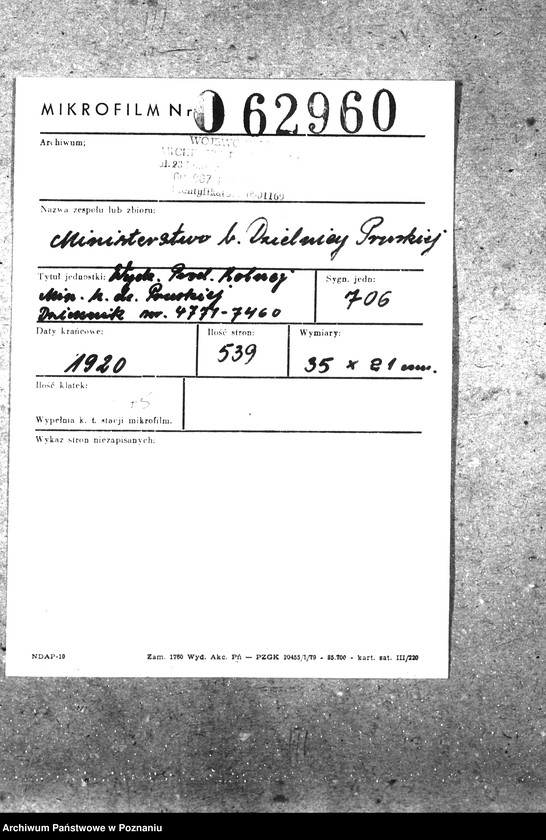 Obraz 2 z jednostki "Wydział Prod. Rolnej Ministerstwa b. Dzielnicy Pruskiej Dziennik nr. 4761 - 7460"