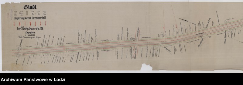 Obraz 1 z jednostki "Stadt Zgierz Regirungsbezirk Litzmannstadt Entwurf der Reichstrasse nr 129 Lageplan"