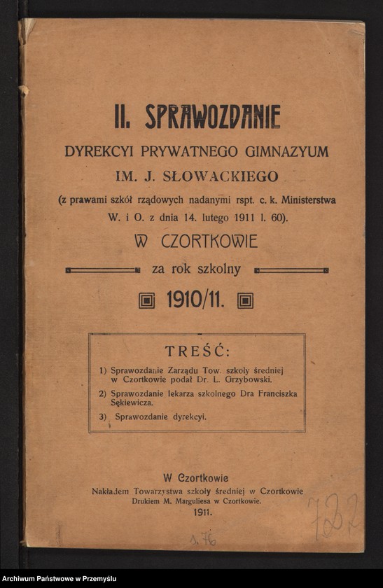 image.from.unit.number "II Sprawozdanie Dyrekcji Prywatnego Gimnazjum im. J. Słowackiego w Czortkowie za rok szkolny 1910/11"