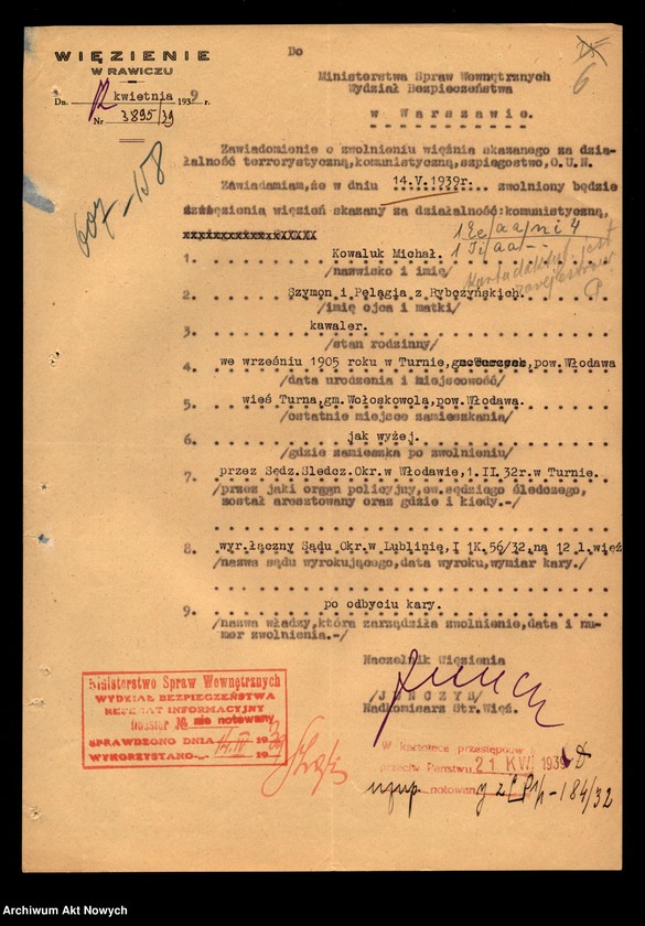 image.from.unit.number "Więzienie w Rawiczu - informacje o zwolnieniu osób skazanych za działalność komunistyczną. Kwestionariusze."