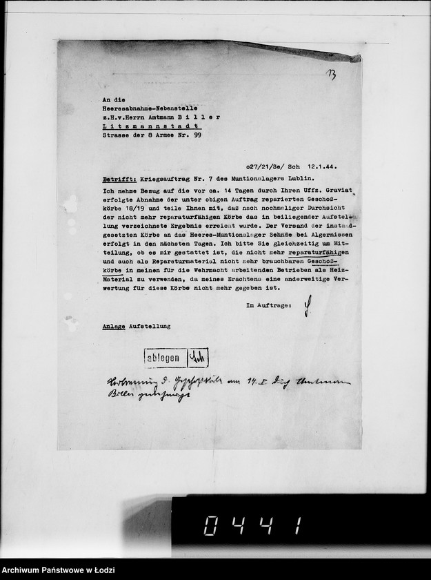 Obraz 19 z jednostki "Auftrag 5934. Warenverwertung an den Judenältesten für Munitionslager Lublin. Geschosskörbe"