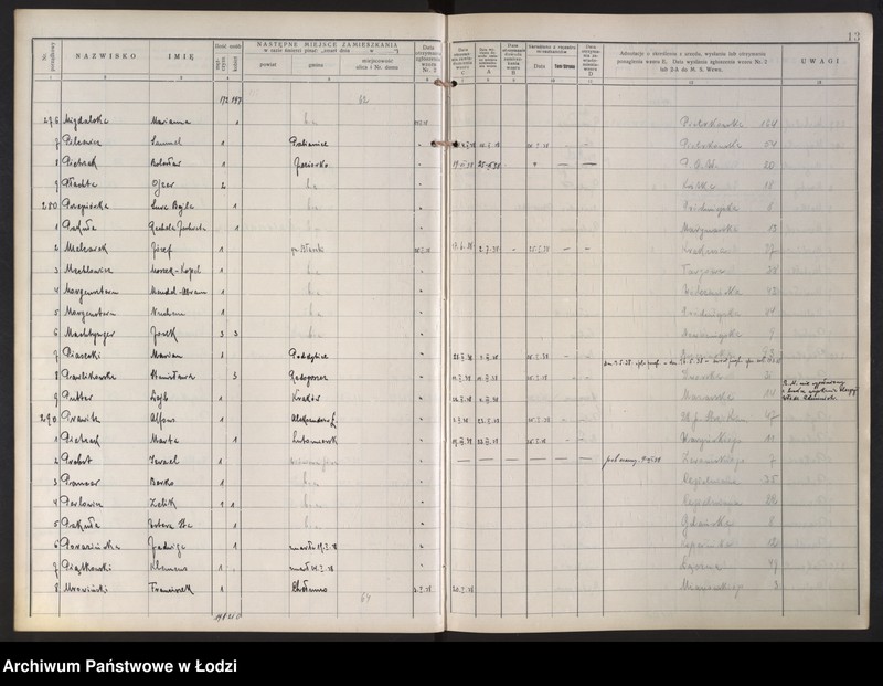 Obraz 17 z jednostki "Księga kontroli ruchu ludności (rejestr osób opuszczających gminę) Łódź, zespół V, lit. M, P"