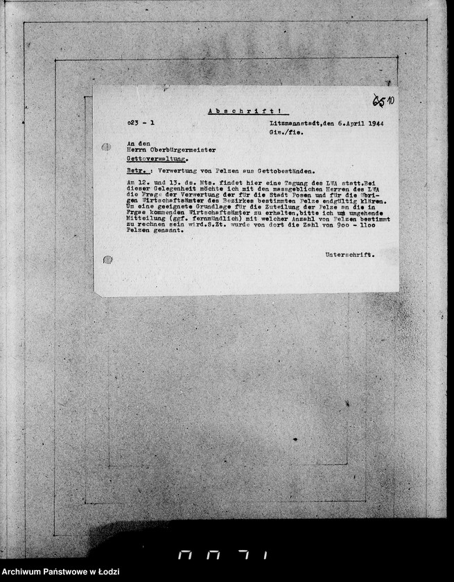 Obraz 14 z jednostki "Oberbürgermeister Litzmannstadt [Korespondencja i zamówienia na dostawę futer i materiałów]"