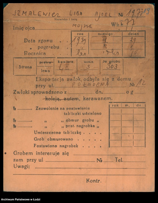 Obraz 20 z jednostki "Kartoteka osób pochowanych na cmentarzu żydowskim przy ulicy Brackiej w latach 1892-1957. Nazwiska na litery: Szn-Szt"