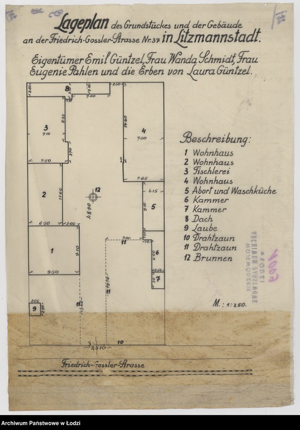 Obraz 1 z jednostki "Lageplan des Grundstückes und der Gebäude an der Friedrich-Gossler-Straße nr 37 in Litzmannstadt"