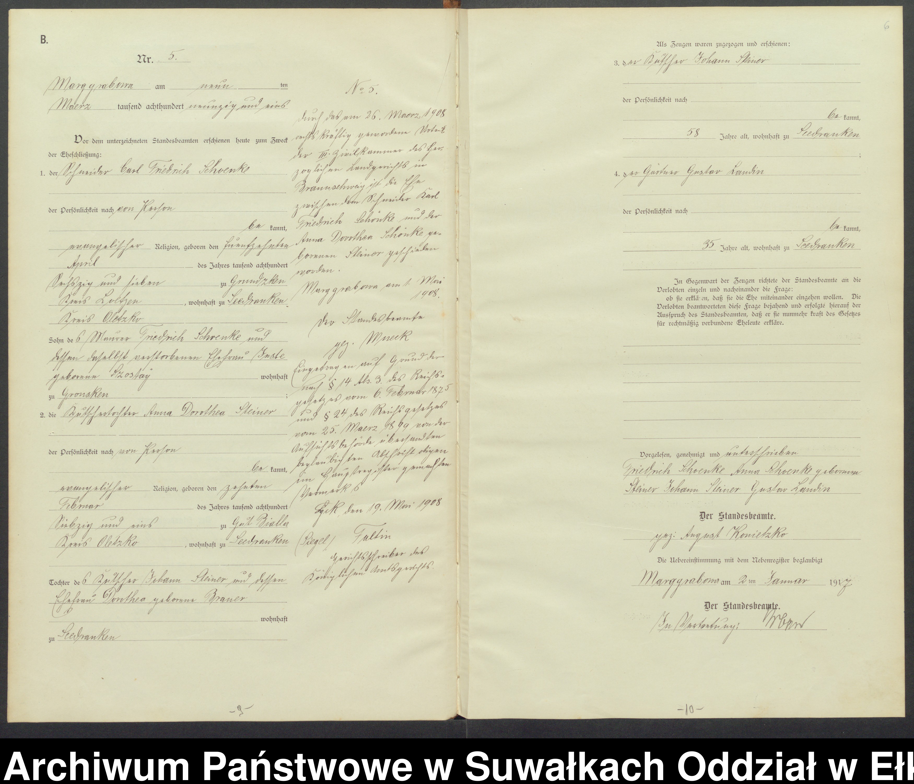 Skan z jednostki: B1.Heiraths-Register (Haupt-Register)Standesamt Marggrabowa Landbezirk vol.I No1 bis 50