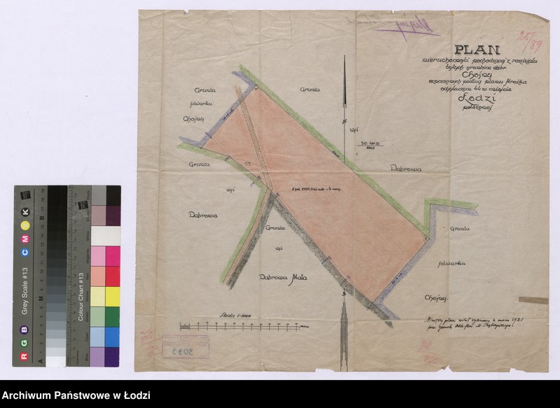 Obraz 1 z jednostki "Plan nieruchomości pochodzącej z rozdziału byłych gruntów dóbr Chojny oznaczonych podług planu Mroźka odsyłaczem 44 w mieście Łodzi położonej"