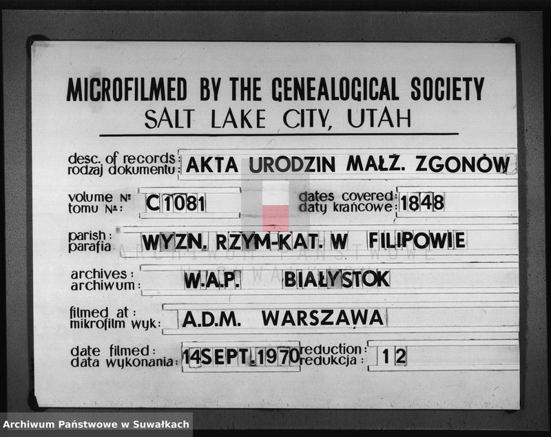 Obraz 1 z jednostki "Duplikat do zapisywania Aktów Urodzonych Zaślubionych i Zmarłych w Parafii Filipowskiey na rok 1848-my"