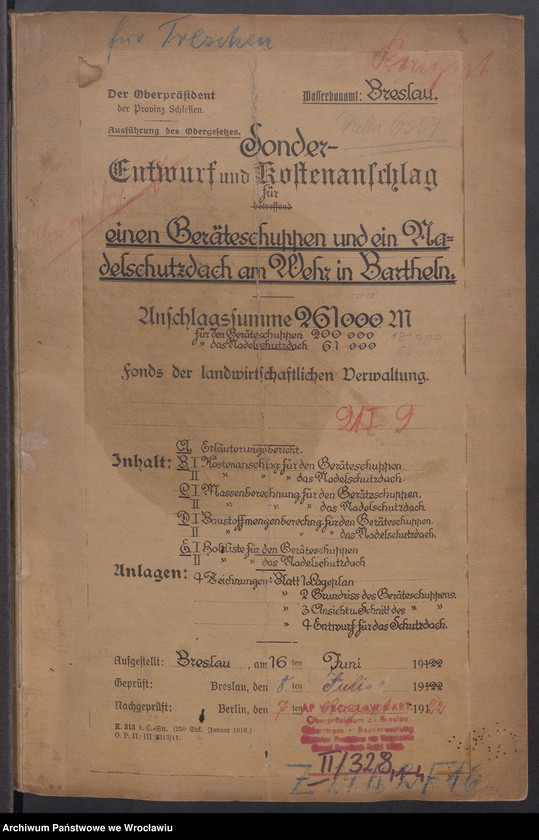 Obraz 1 z jednostki "Sonderentwurf und Kostenanschlag für einen Gerätenschuppen und ein Nadelschutzdach am Wehr in Bartheln"