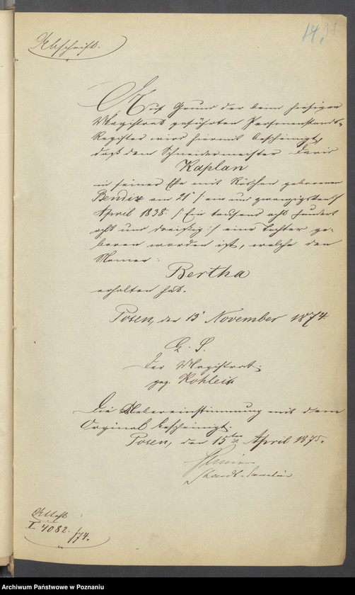 Obraz 19 z jednostki "Die von den Verlobten beigebrachten Urkunden zur Eheschliessung pro 1875"